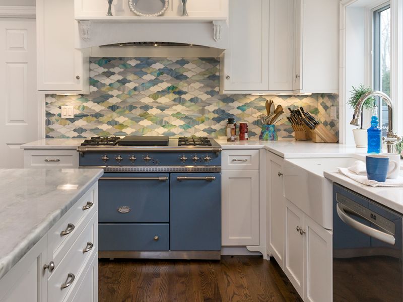 white kitchen with colorful tile backsplash